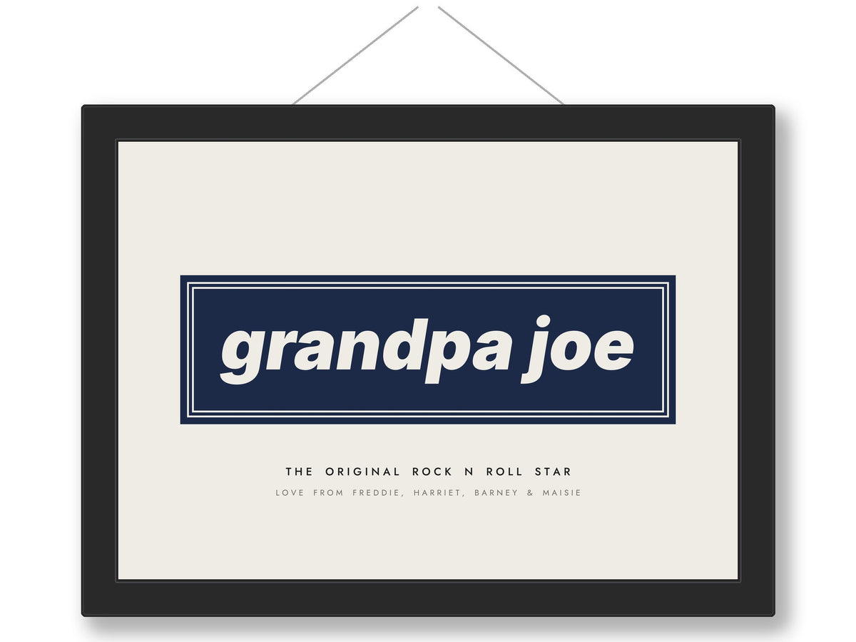 Personalised Dad Rock Star Print - framed navy version with a long name
