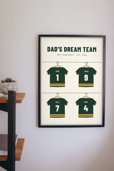 Personalised Dad's Dream Team Print - on the living room wall