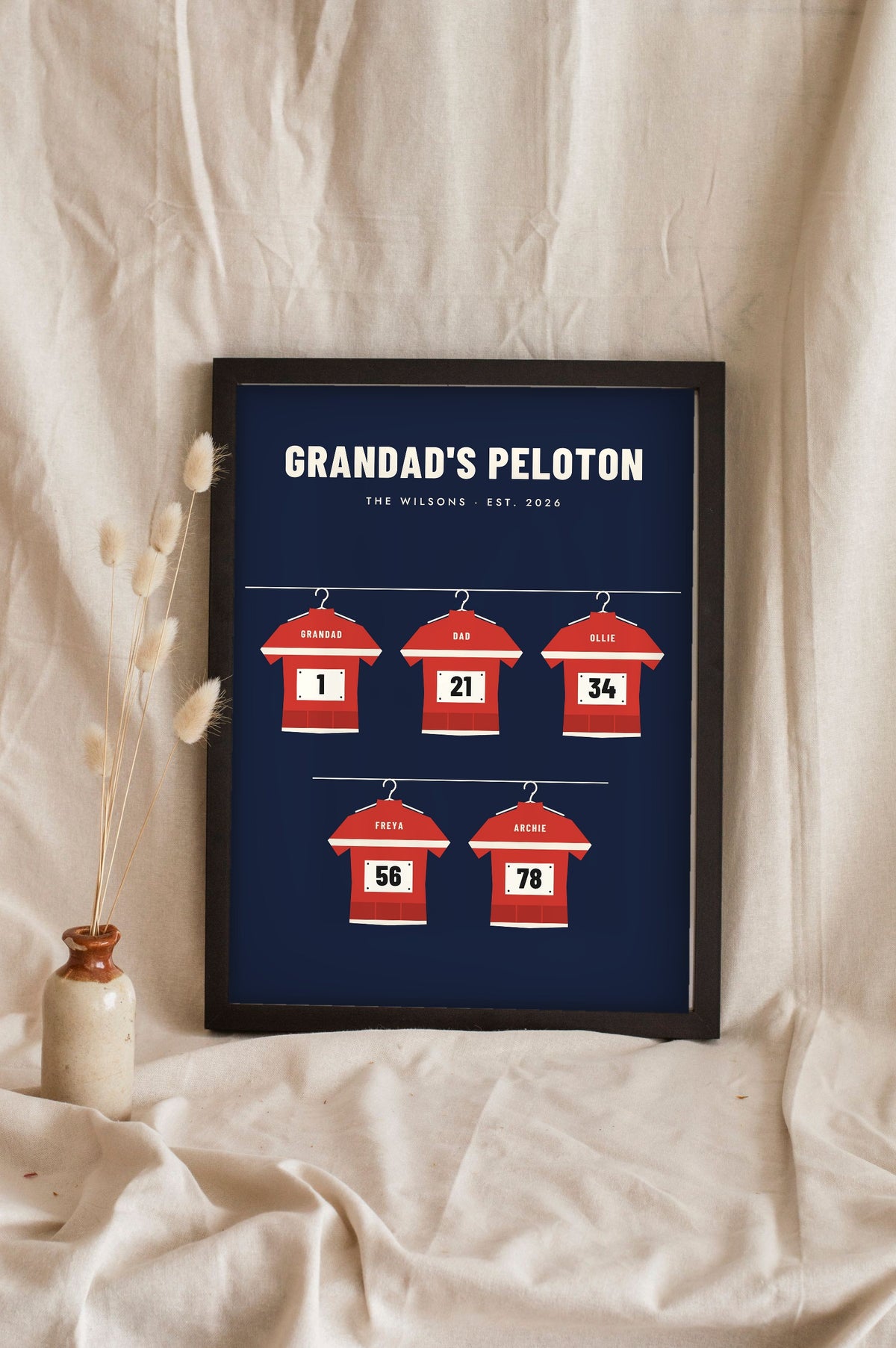 Personalised Dad's Dream Team Print - navy cycling jersey version for Grandad