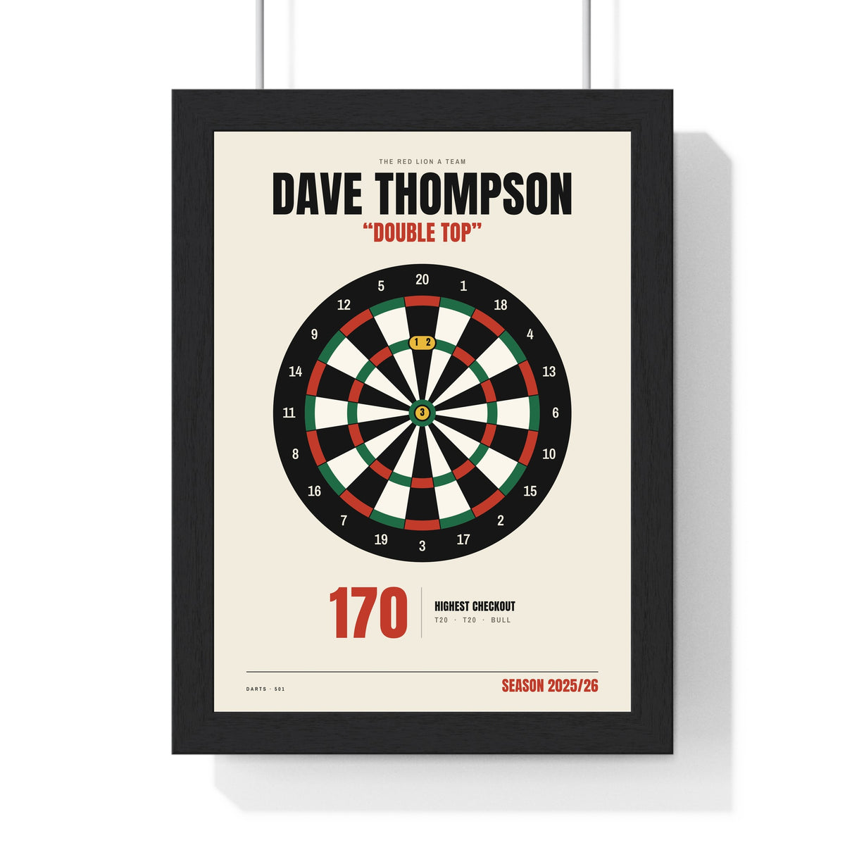 Personalised Darts Print - framed personalised darts print for Dave Thompson with a 170 checkout marked on a dartboard