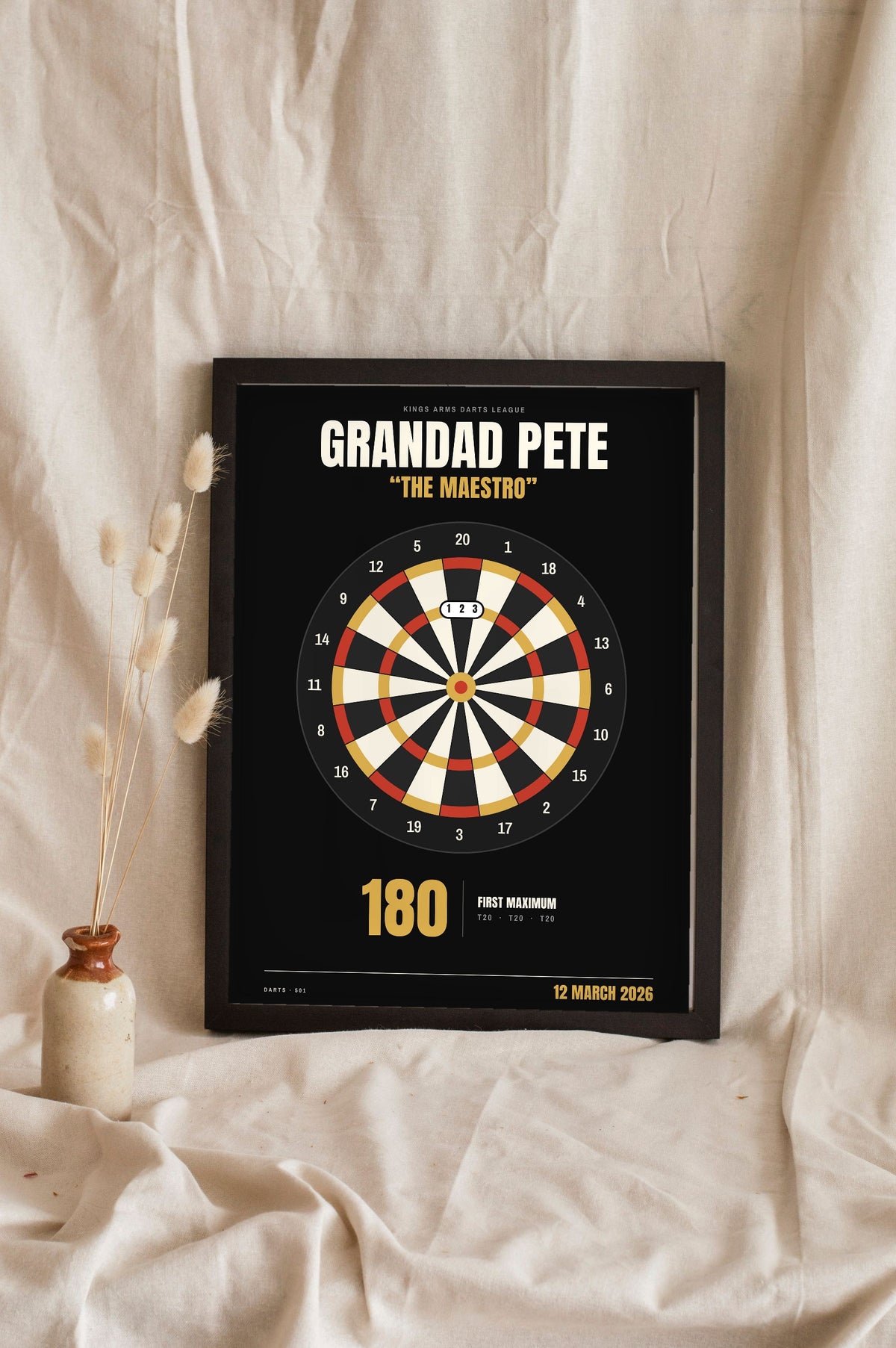 Personalised Darts Print - black and gold darts print with a first 180 marked in the treble 20