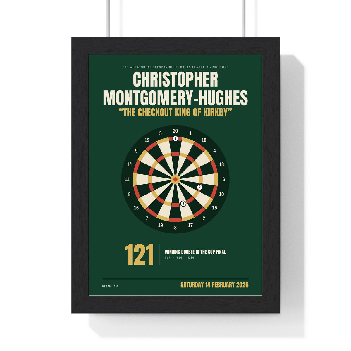 Personalised Darts Print - framed pub green darts print with a long name and a cup final checkout