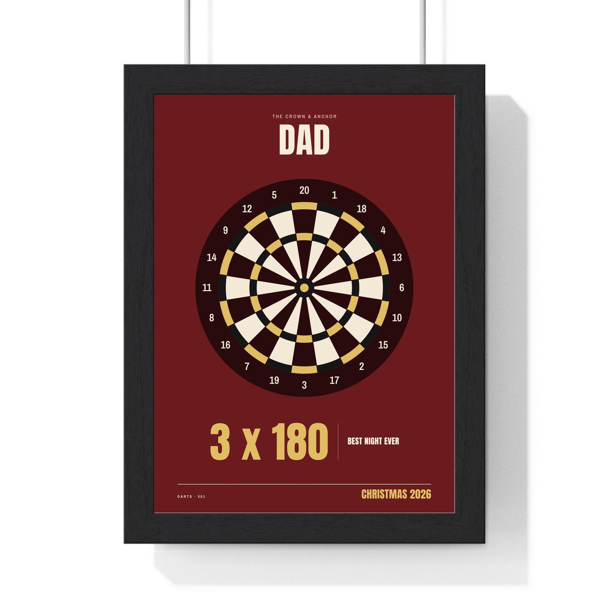 Personalised Darts Print - framed pub red darts print for Dad with 3 x 180