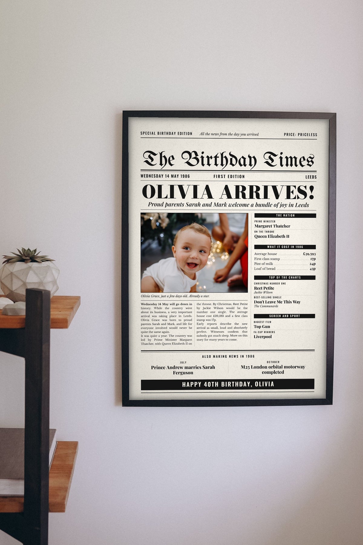 Personalised Day You Were Born Newspaper Print - birthday newspaper print on a living room wall