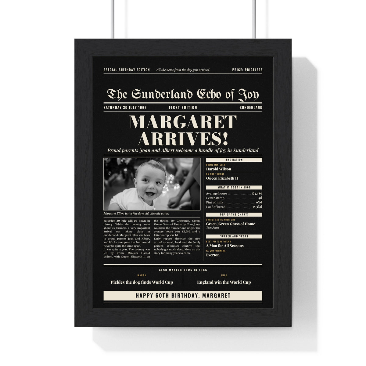 Personalised Day You Were Born Newspaper Print - black and gold edition for a 60th birthday