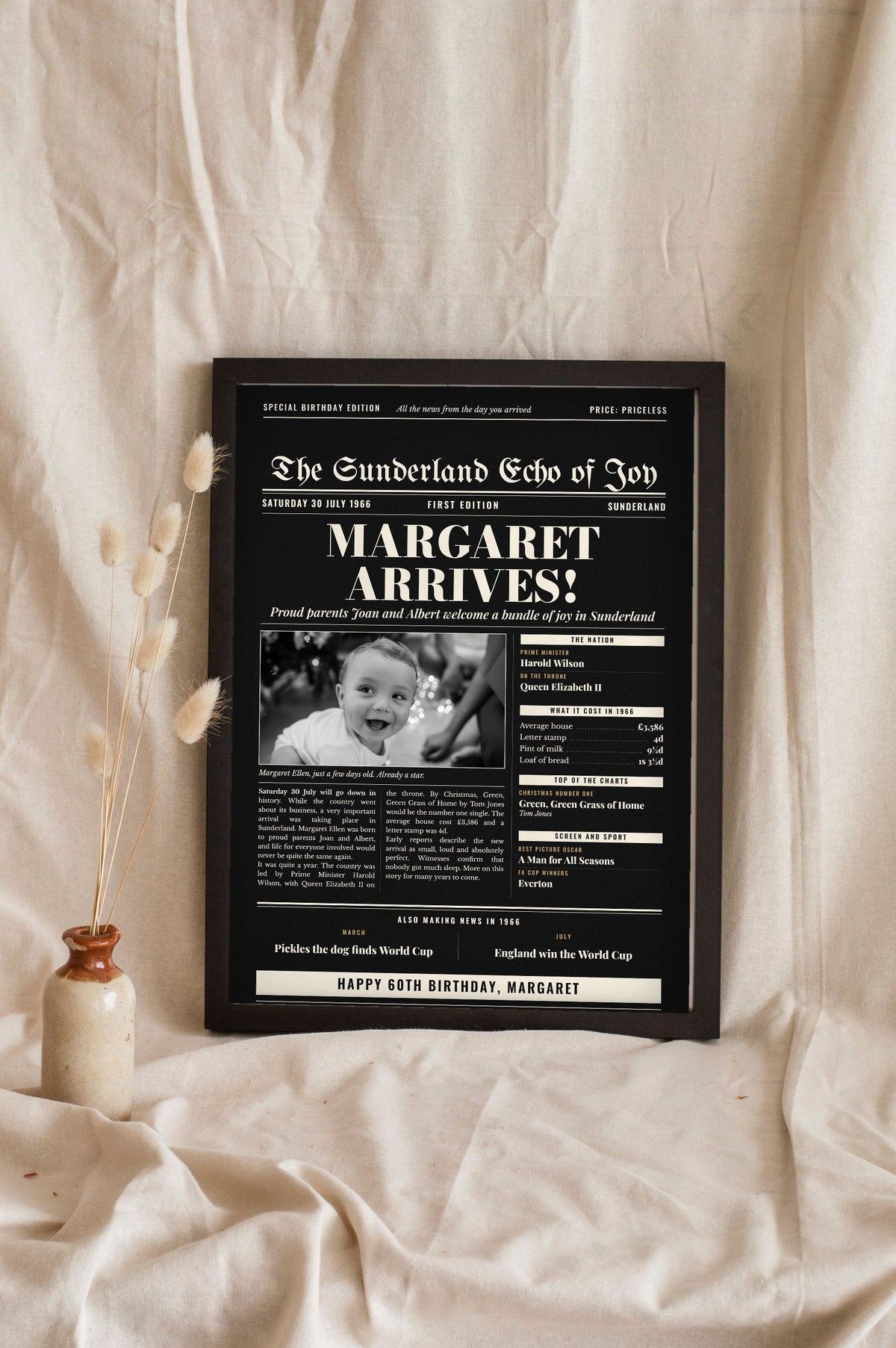 Personalised Day You Were Born Newspaper Print - black and gold 1966 edition leaning in a frame