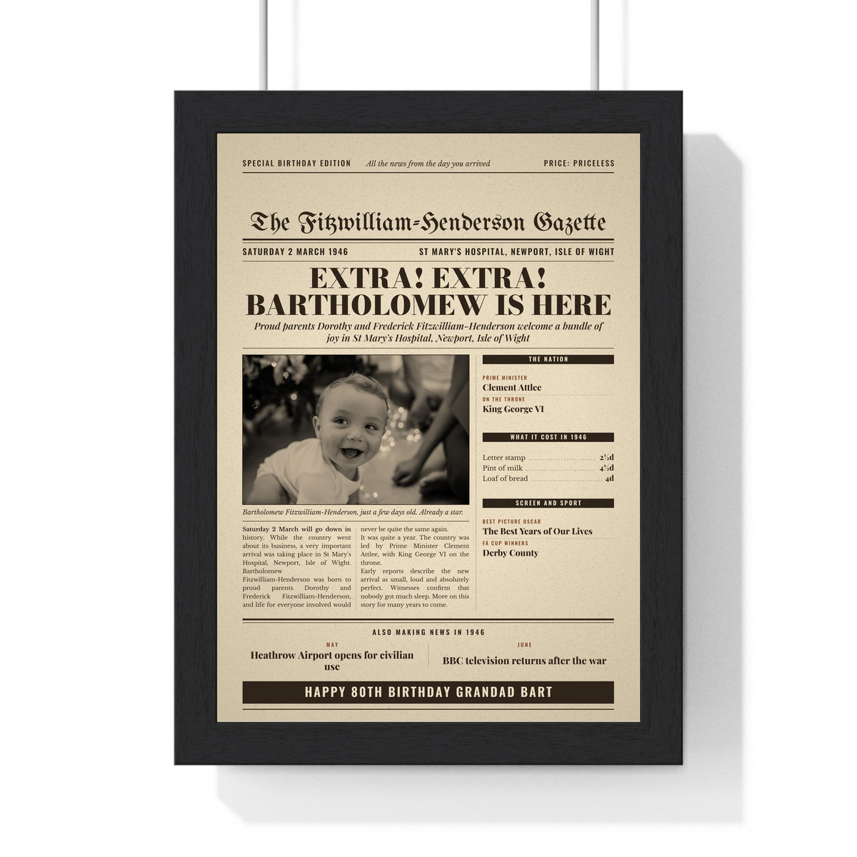Personalised Day You Were Born Newspaper Print - vintage sepia 1946 edition for an 80th birthday