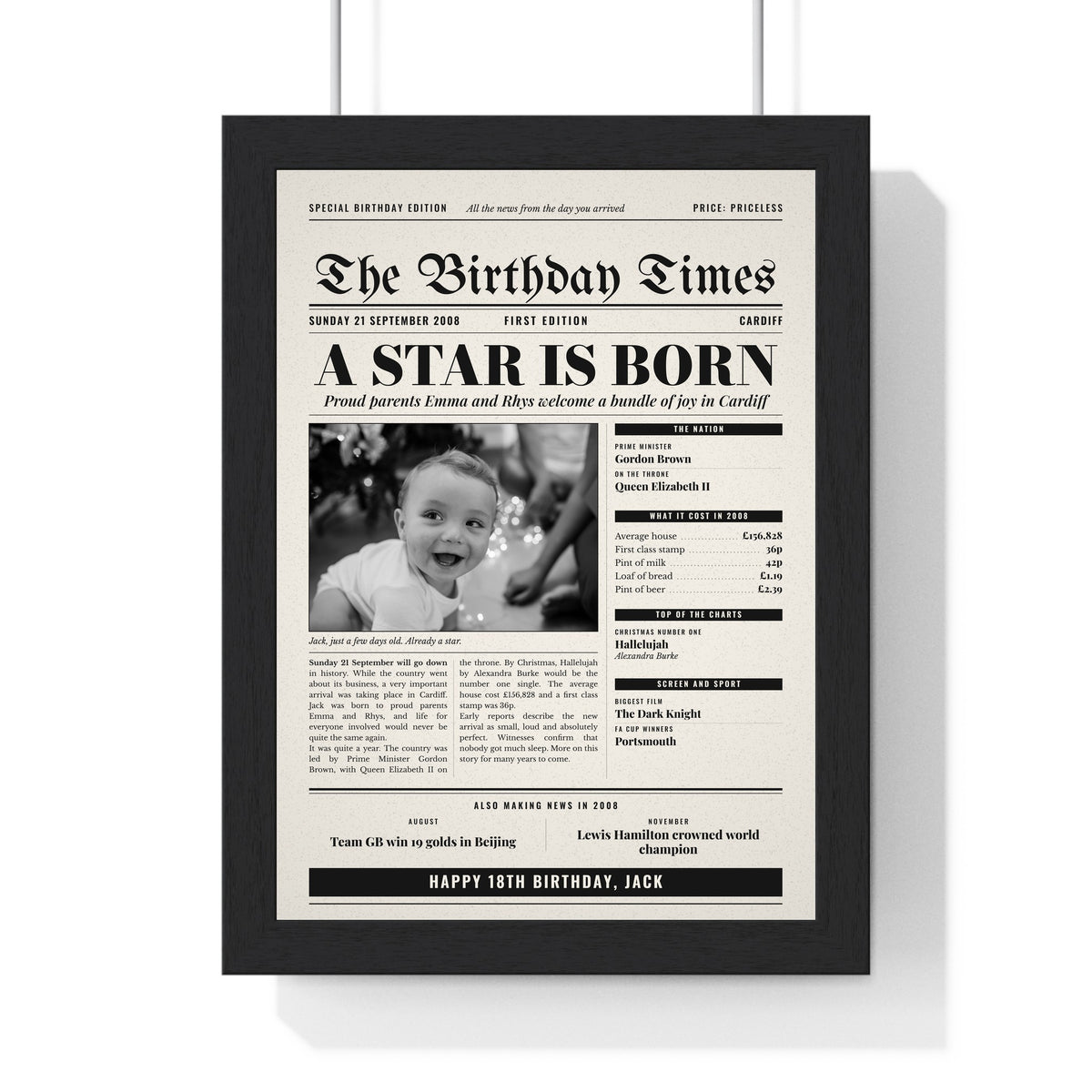 Personalised Day You Were Born Newspaper Print - black and white 2008 edition for an 18th birthday