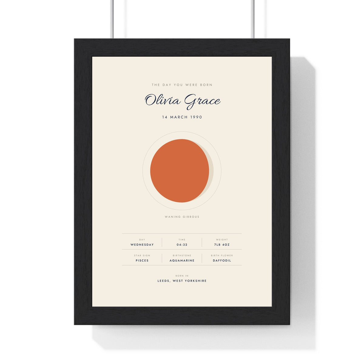 Personalised The Day You Were Born Print - framed cream print with a terracotta waning moon