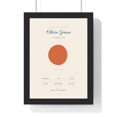 Personalised The Day You Were Born Print - framed cream print with a terracotta waning moon
