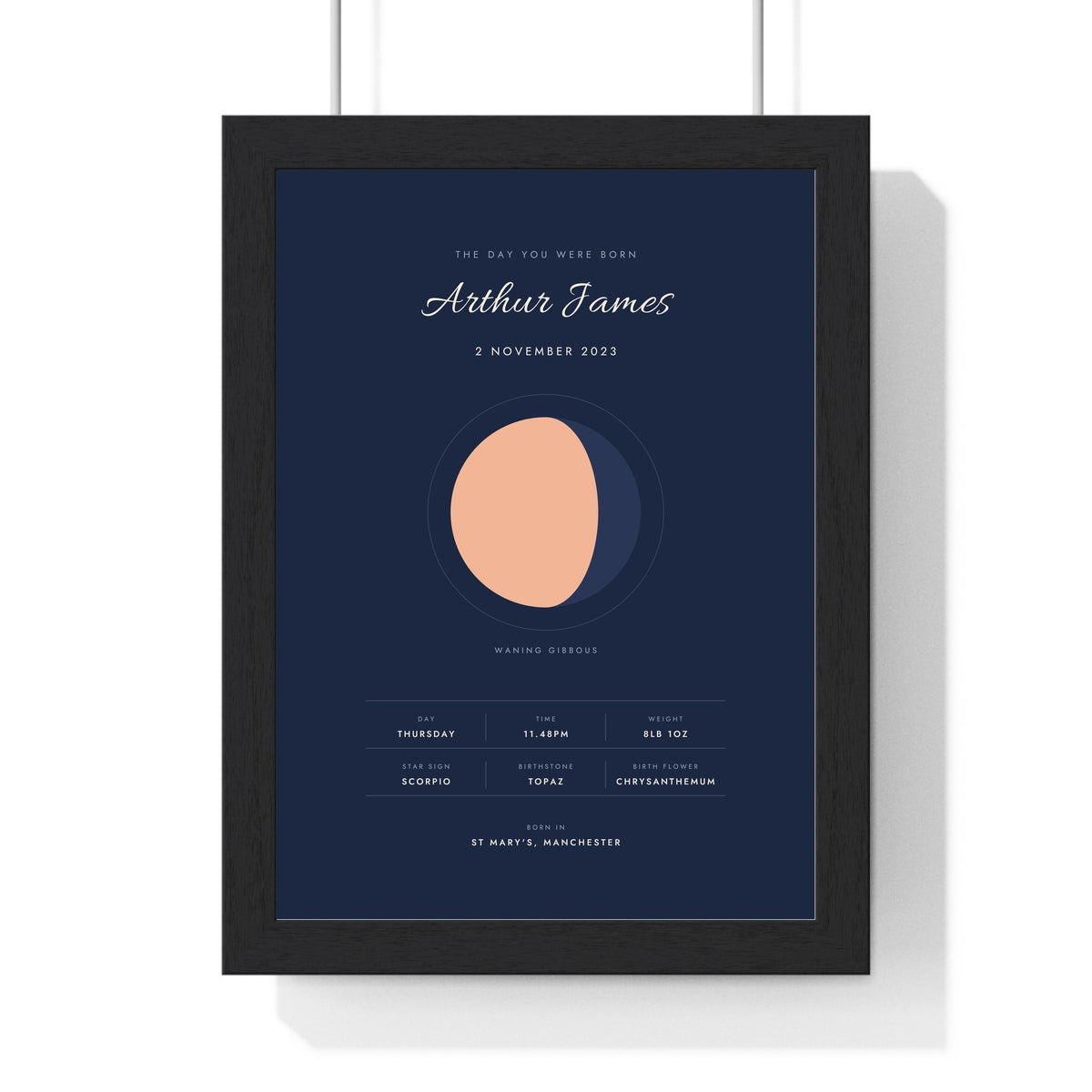 Personalised The Day You Were Born Print - framed navy and peach new baby version