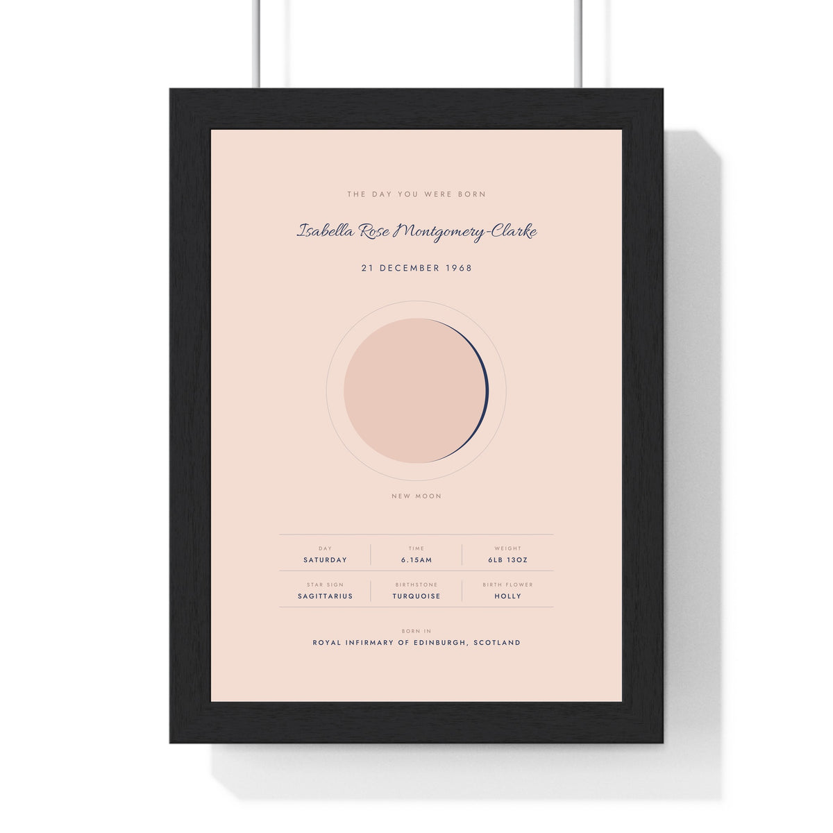 Personalised The Day You Were Born Print - framed blush and navy version with a long name