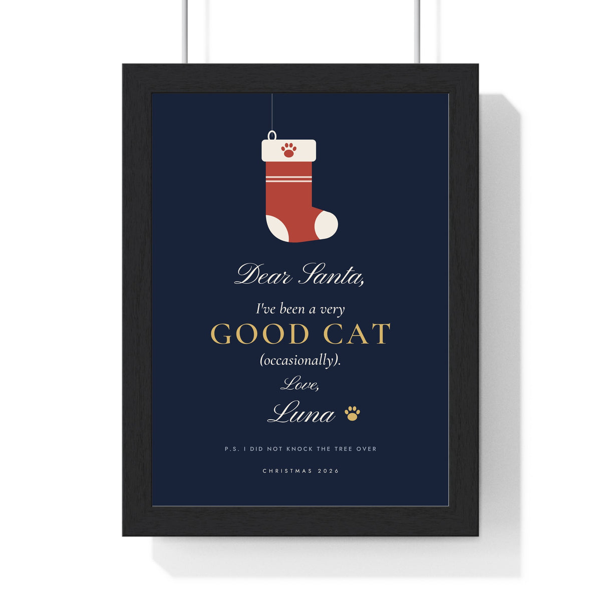 Personalised Dear Santa Pet Print - framed navy cat version