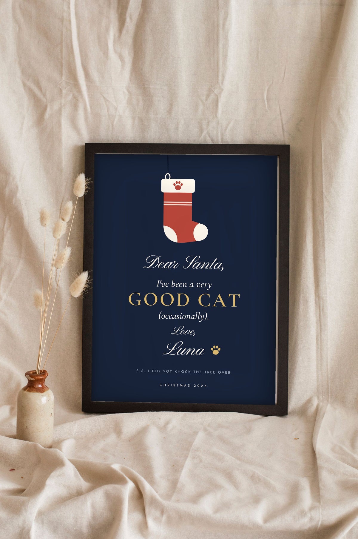 Personalised Dear Santa Pet Print - navy cat version from Luna