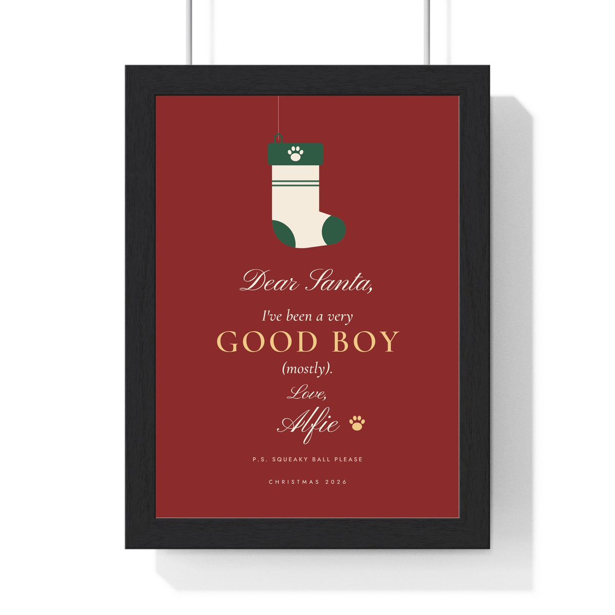 Personalised Dear Santa Pet Print - framed red good boy version