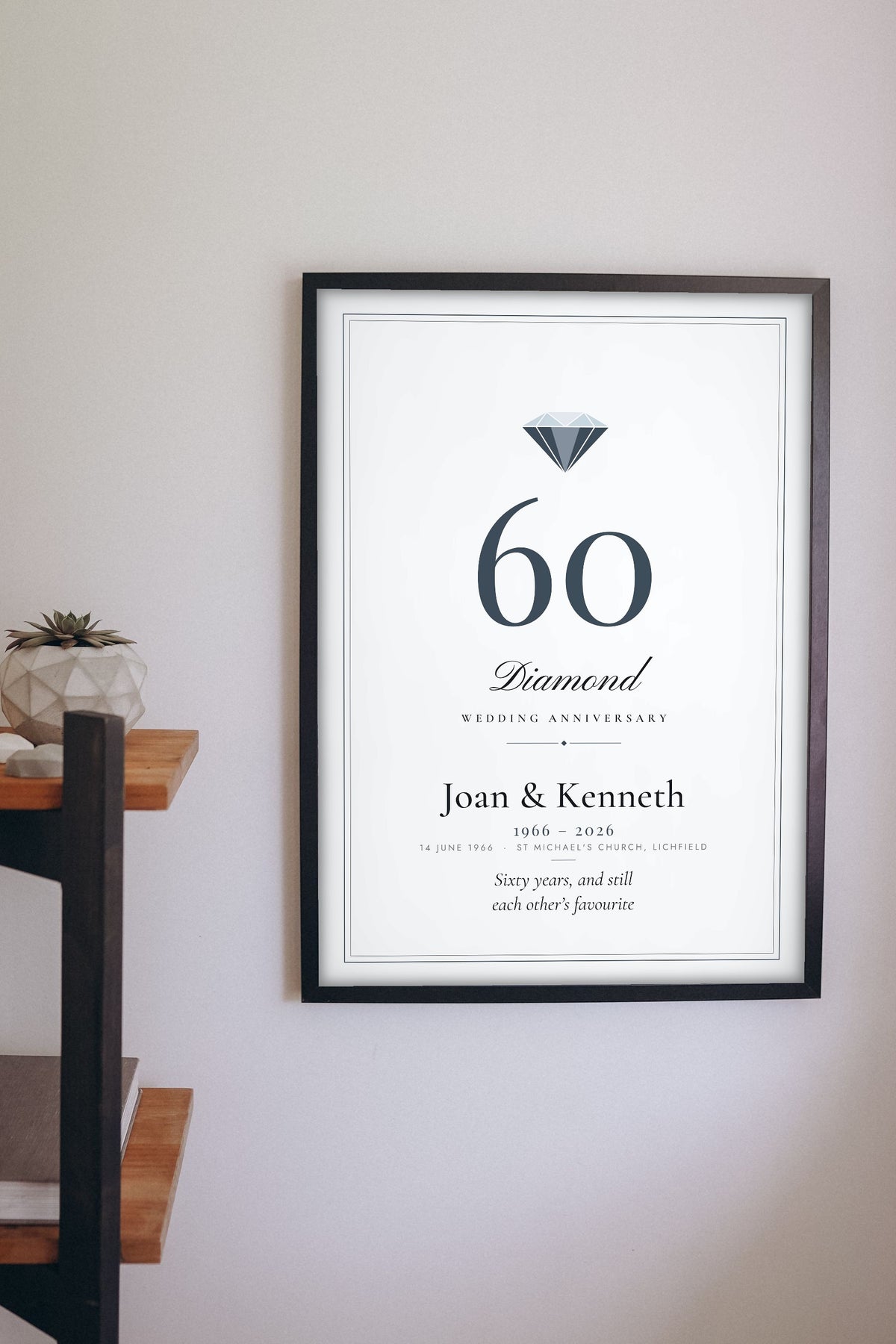 Personalised Diamond Wedding Anniversary Print - hanging on a living room wall