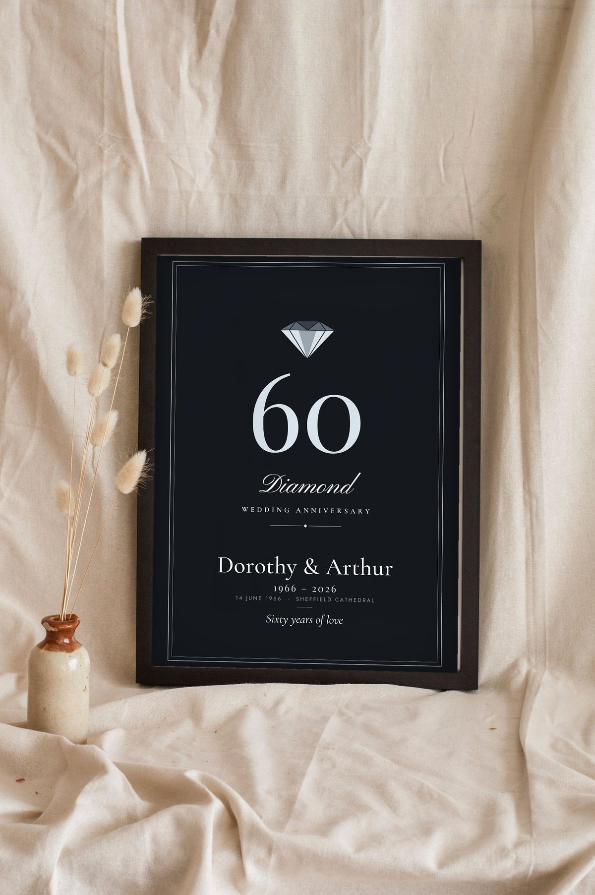 Personalised Diamond Wedding Anniversary Print - leaning in a frame, dark