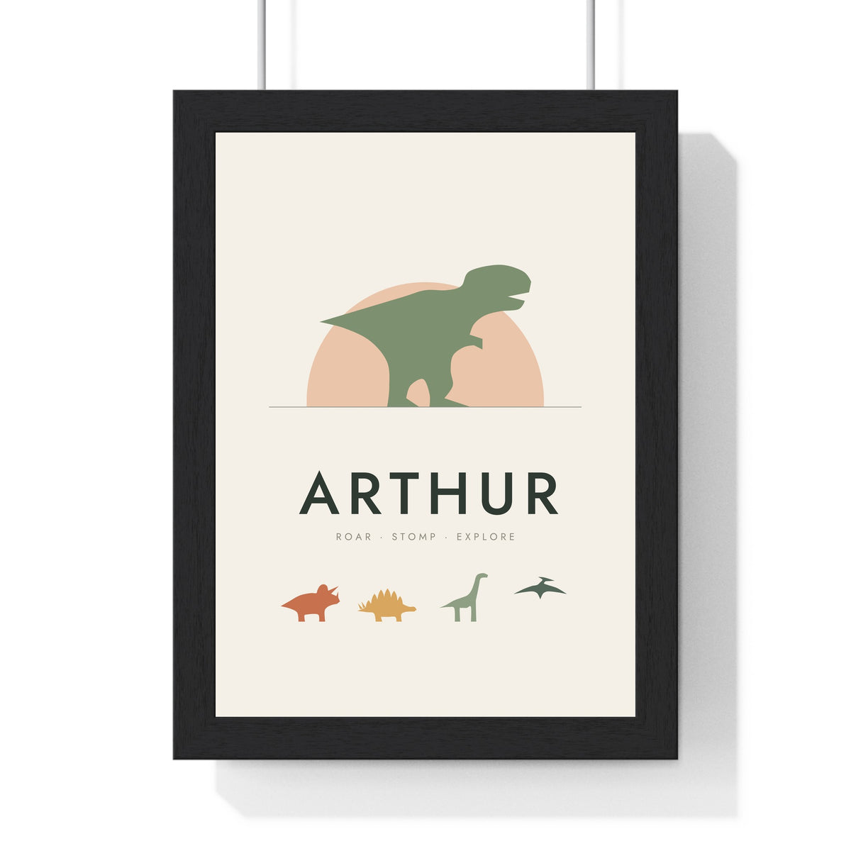 Personalised Dinosaur Name Print - framed sage and terracotta T-rex name print for Arthur