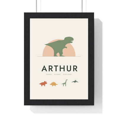 Personalised Dinosaur Name Print - framed sage and terracotta T-rex name print for Arthur