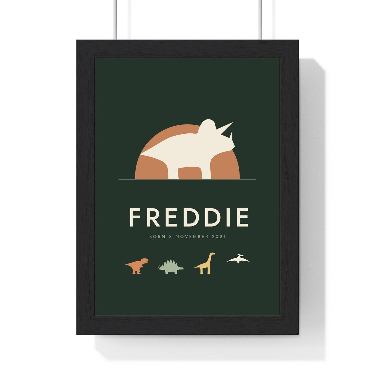 Personalised Dinosaur Name Print - framed forest green triceratops version