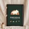 Personalised Dinosaur Name Print - forest green triceratops name print leaning on a shelf