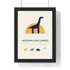 Personalised Dinosaur Name Print - framed navy and mustard brachiosaurus version