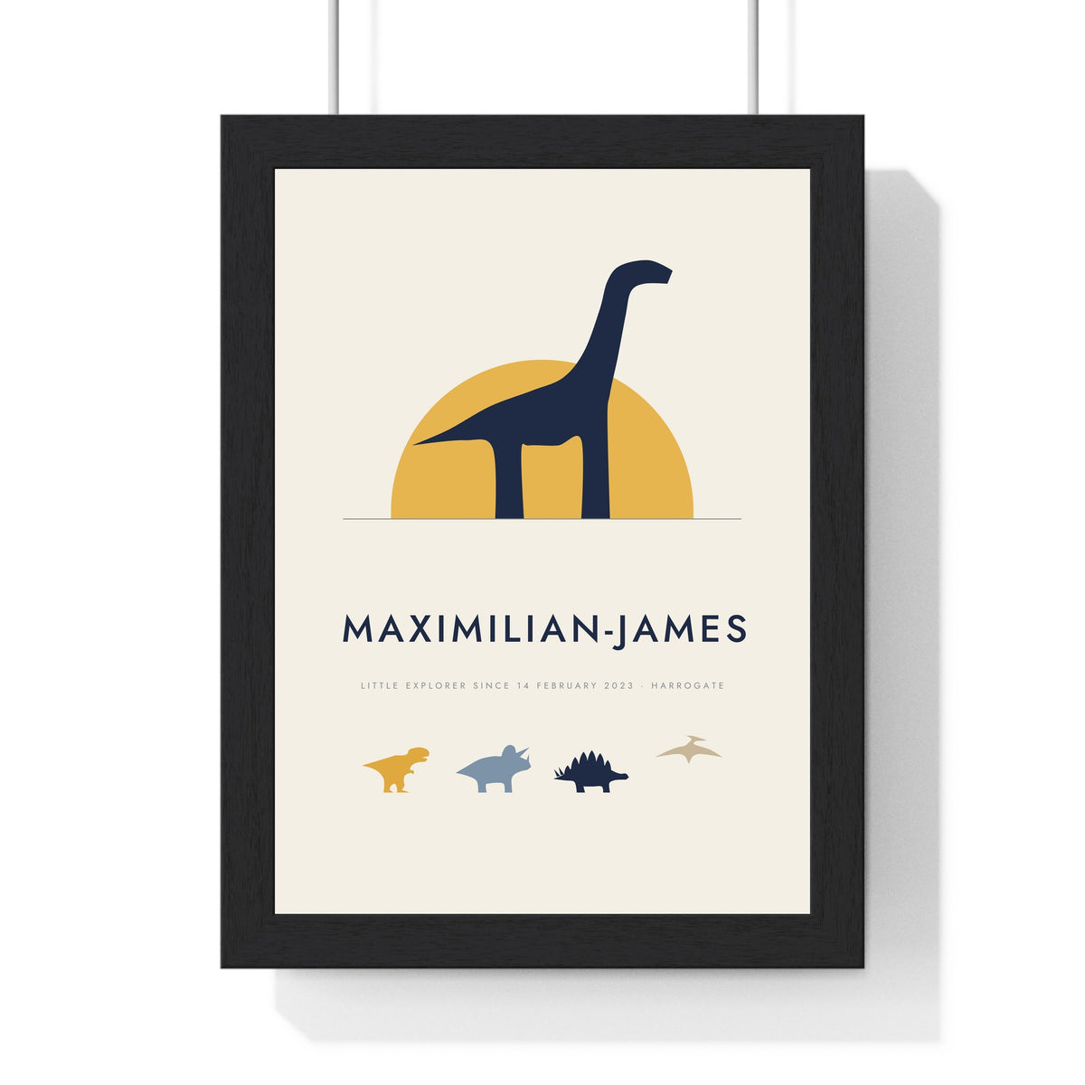 Personalised Dinosaur Name Print - framed navy and mustard brachiosaurus version