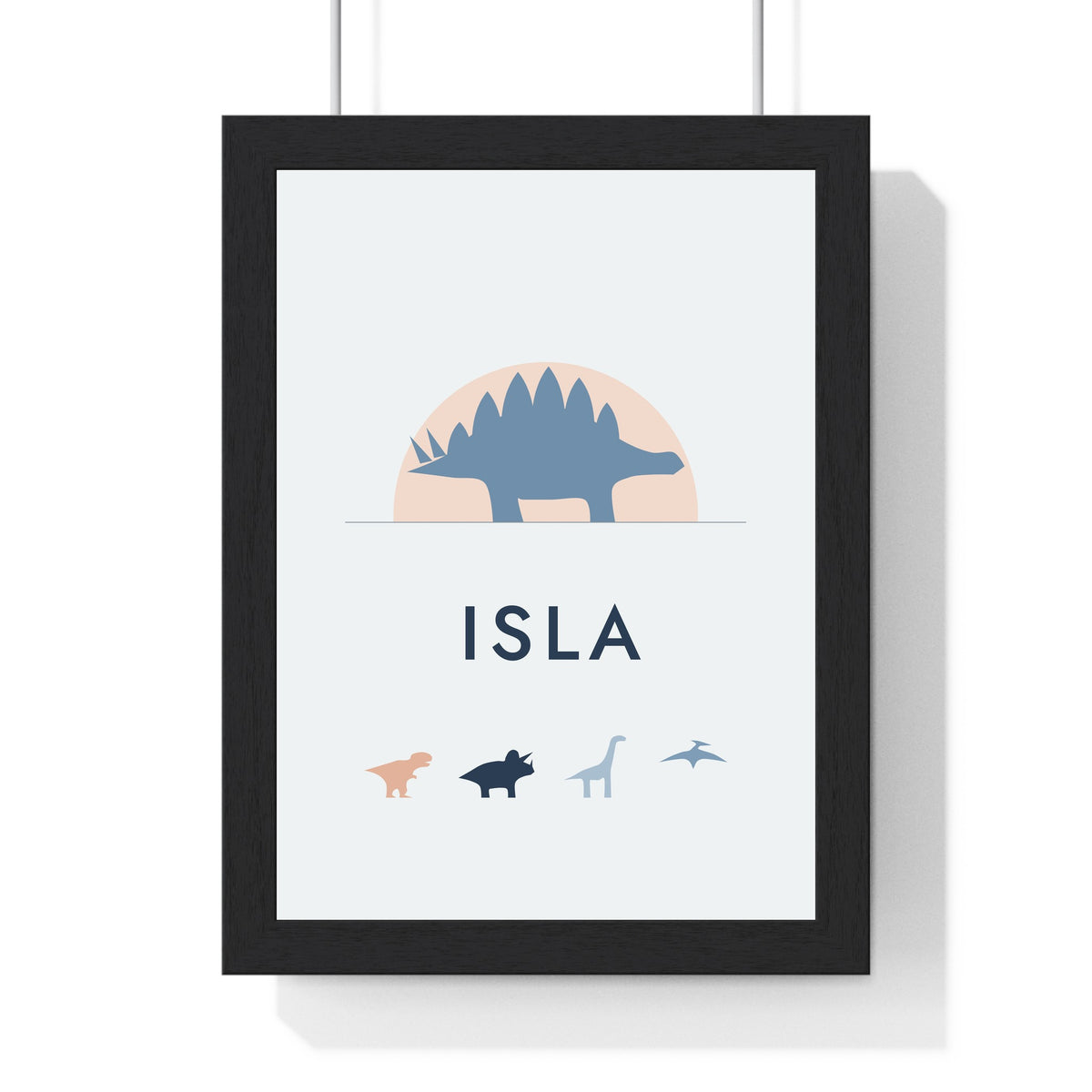 Personalised Dinosaur Name Print - framed soft blue stegosaurus version
