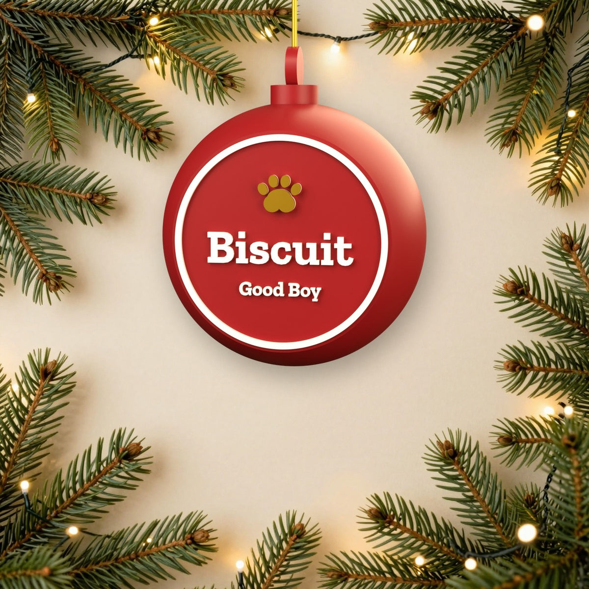 Personalised Dog Bauble - red Biscuit bauble on the tree