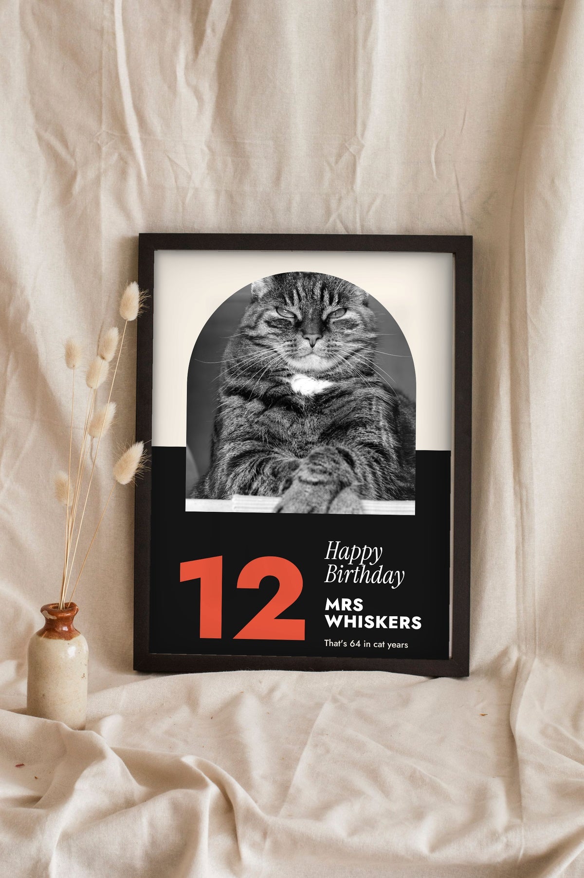 Personalised Dog Birthday Print - leaning in a frame, dark colourway