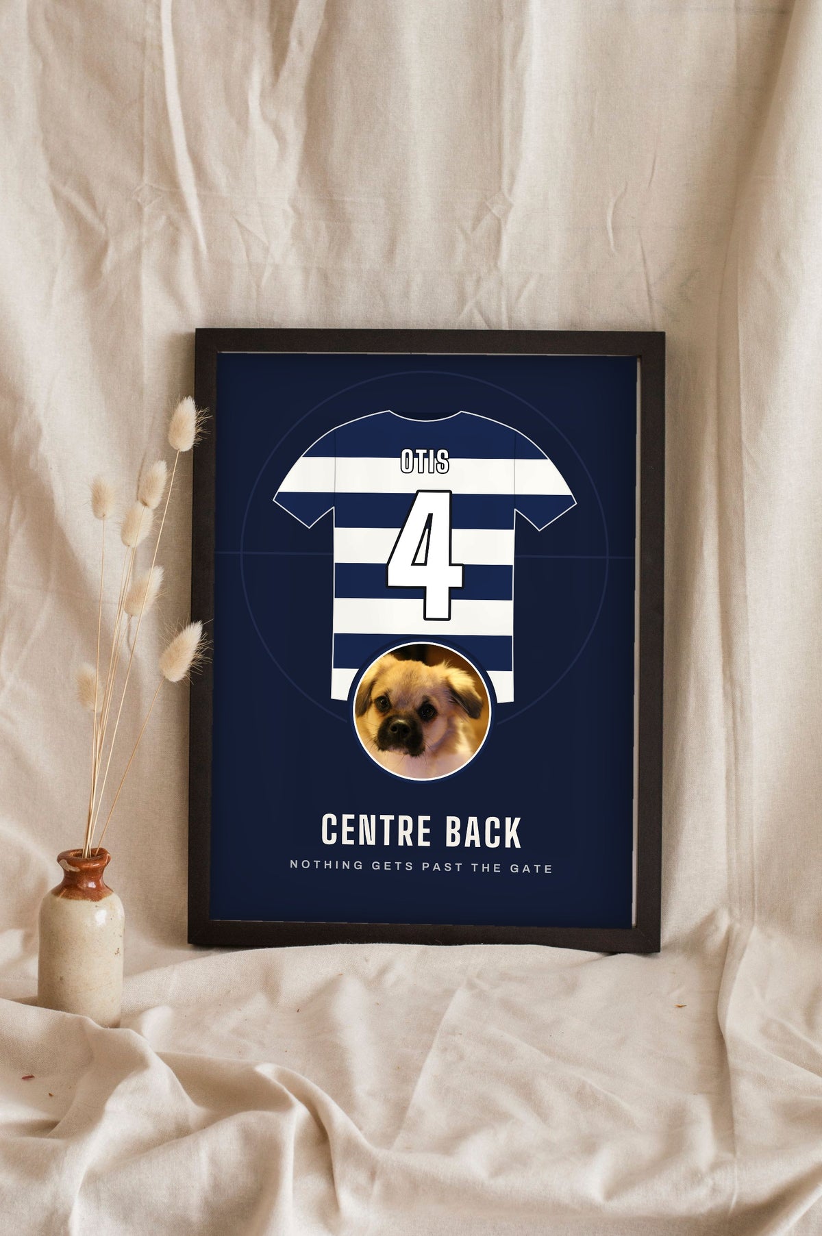 Personalised Dog Football Shirt Print - leaning in a frame
