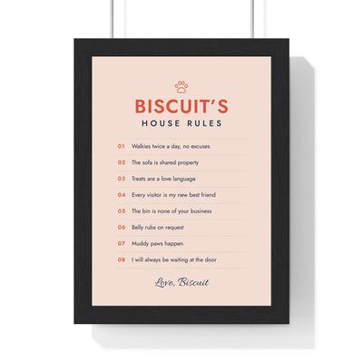 Personalised Dog House Rules Print - framed blush and tomato house rules for Biscuit