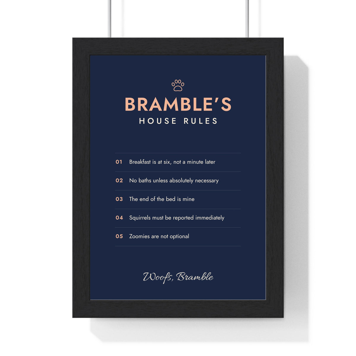 Personalised Dog House Rules Print - framed navy and peach version