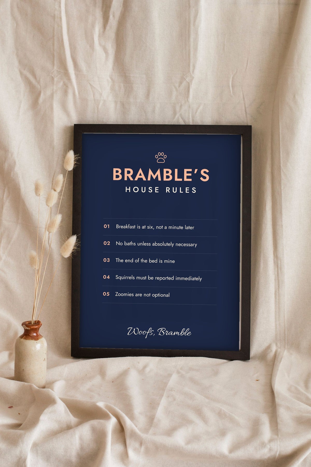 Personalised Dog House Rules Print - navy and peach house rules for Bramble
