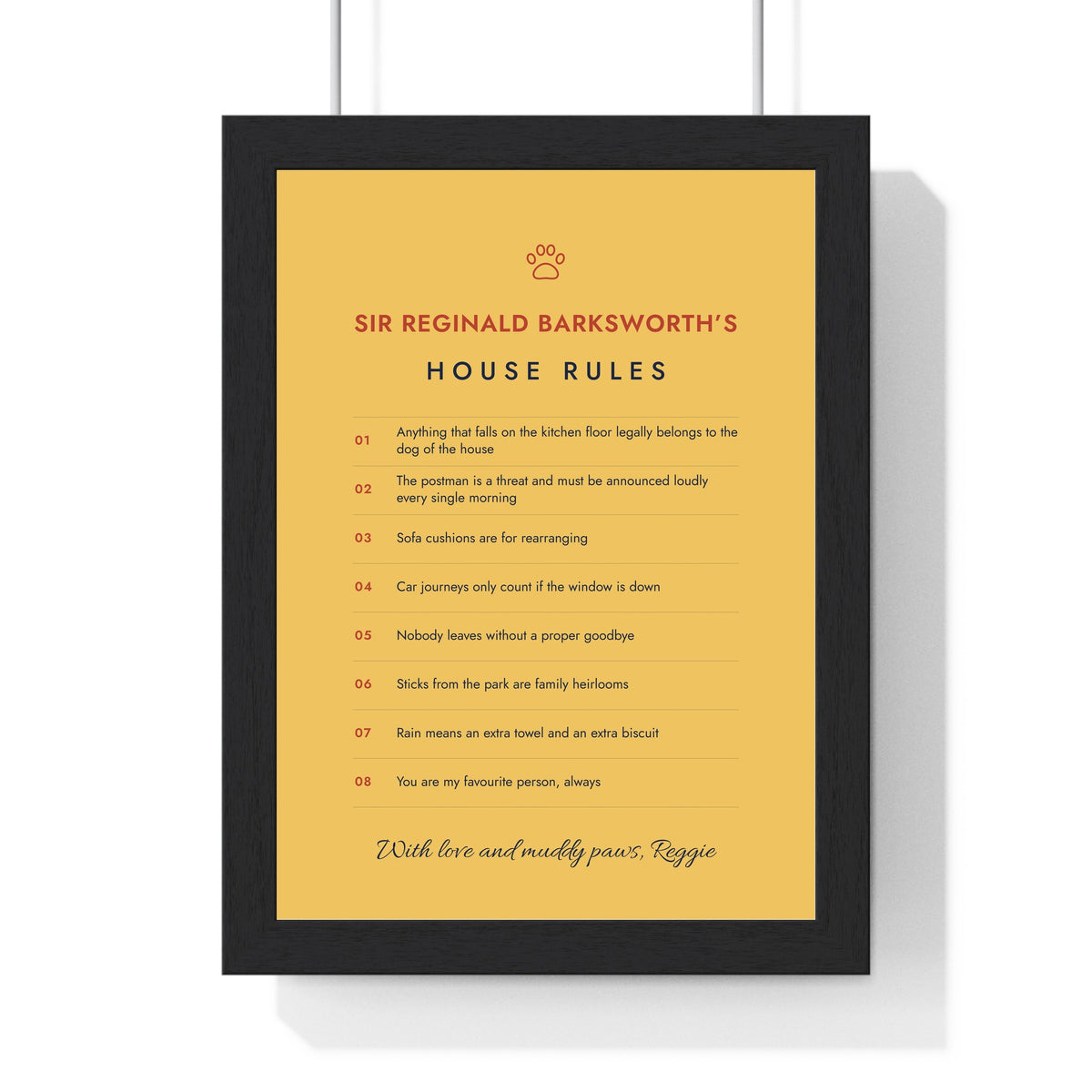 Personalised Dog House Rules Print - framed mustard version with eight long rules