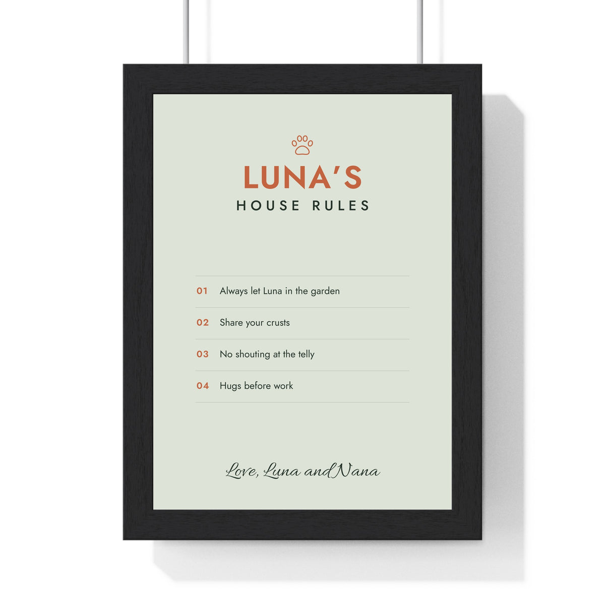 Personalised Dog House Rules Print - framed sage version for Nana's dog