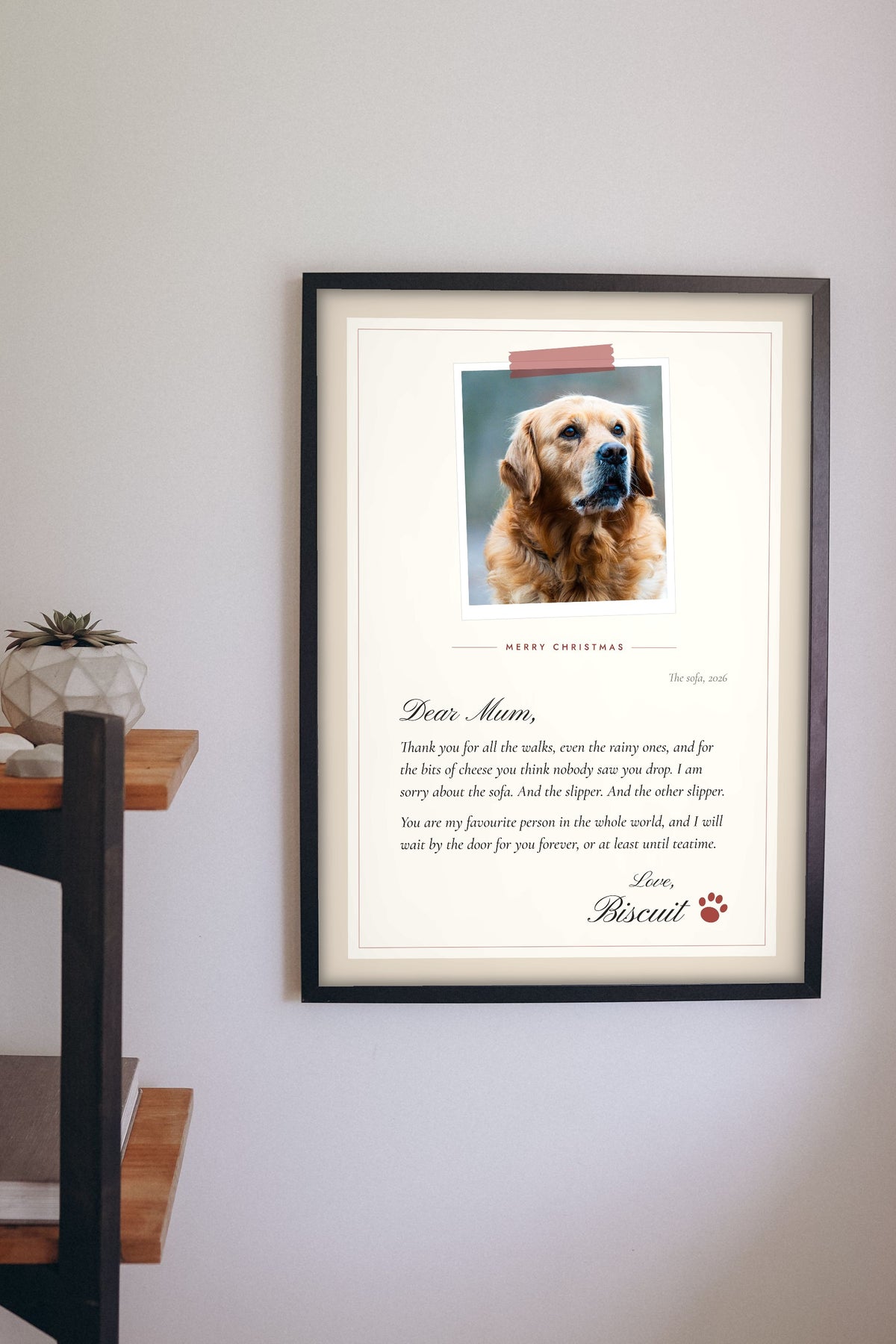 Personalised Gift From the Dog Letter Print - hanging on a living room wall