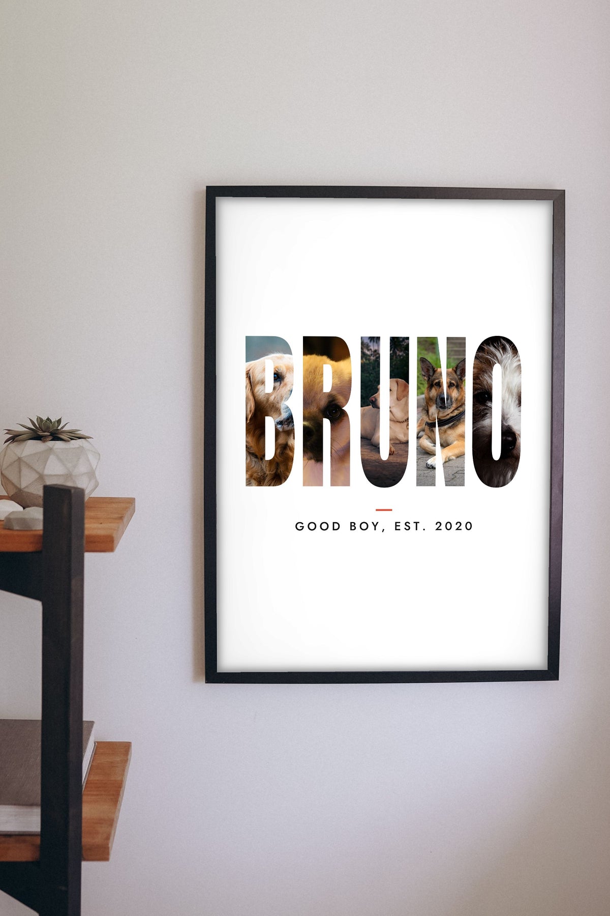 Personalised Dog Name Photo Letters Print - hanging on a living room wall