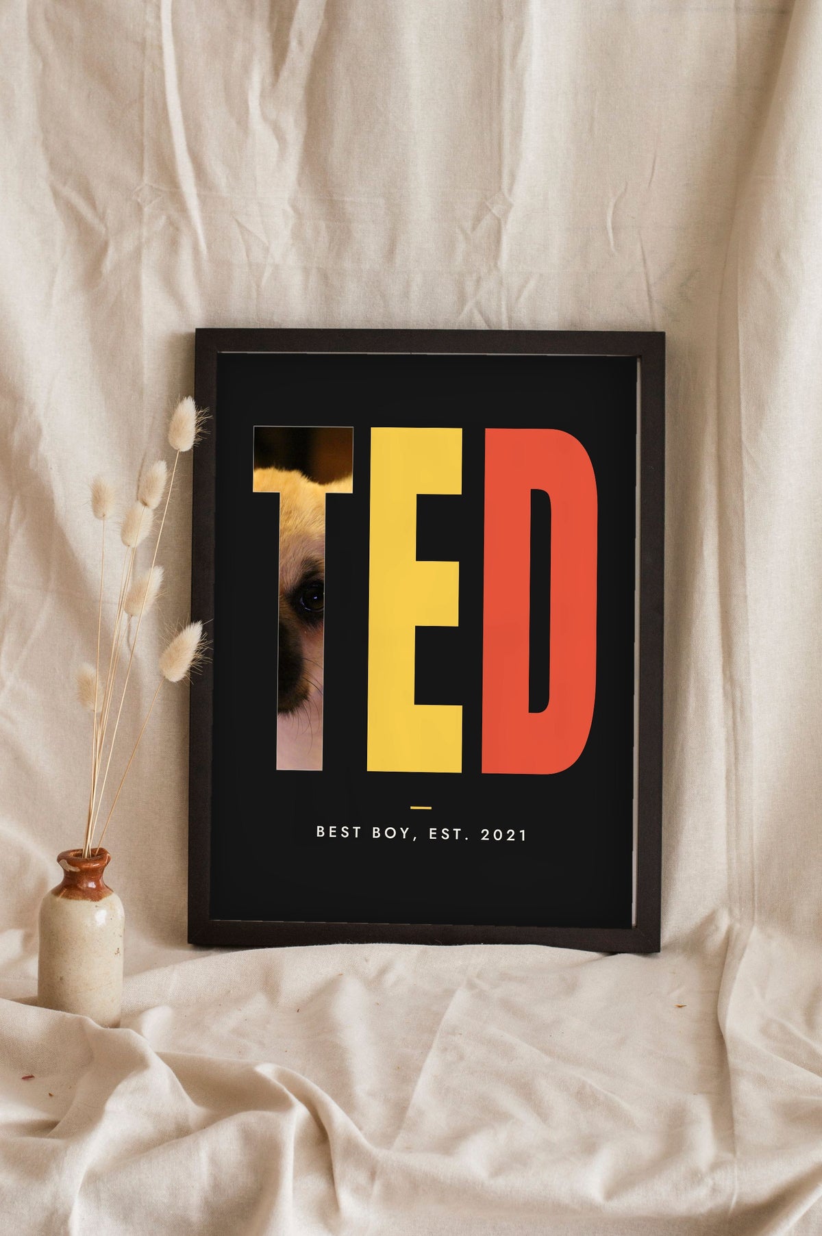 Personalised Dog Name Photo Letters Print - leaning in a frame