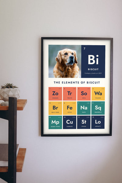 Personalised Dog Periodic Table Print - hanging on a living room wall