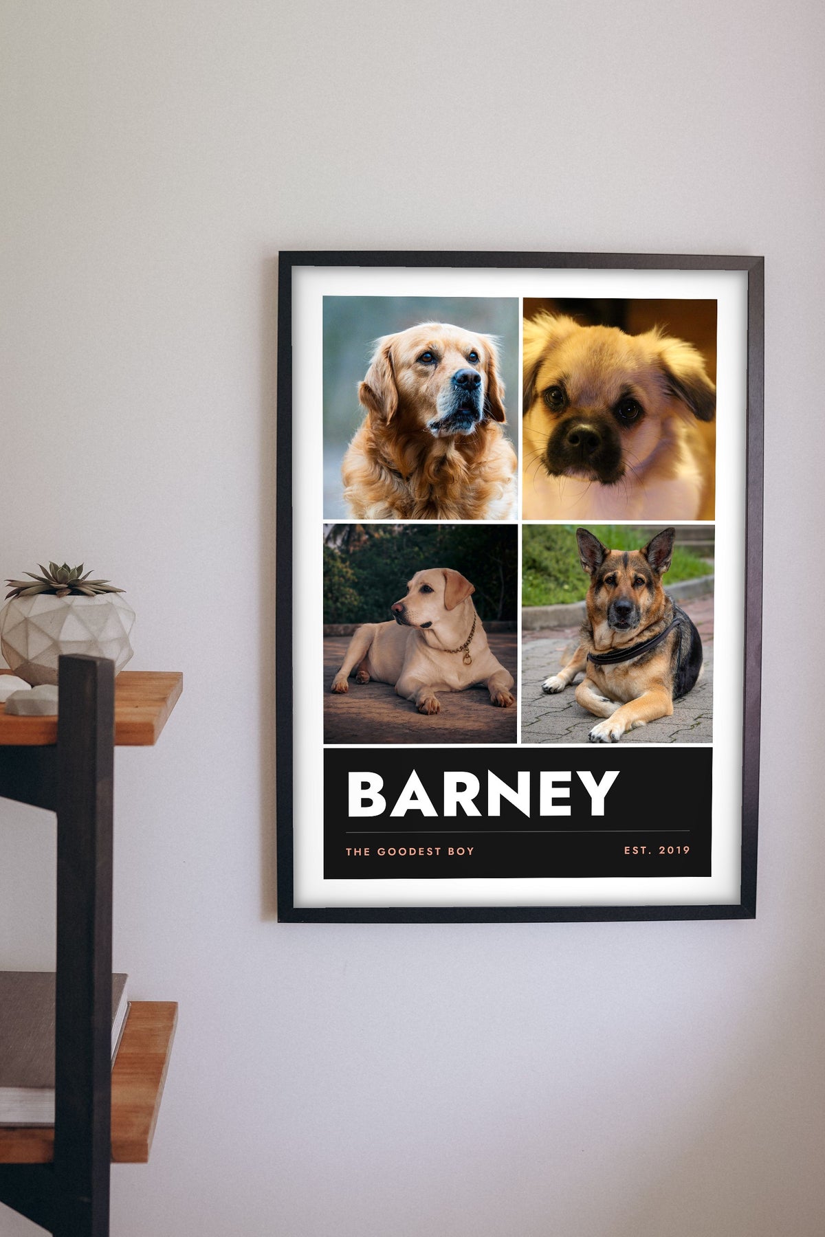 Personalised Dog Photo Collage Print with Name - hanging on a living room wall