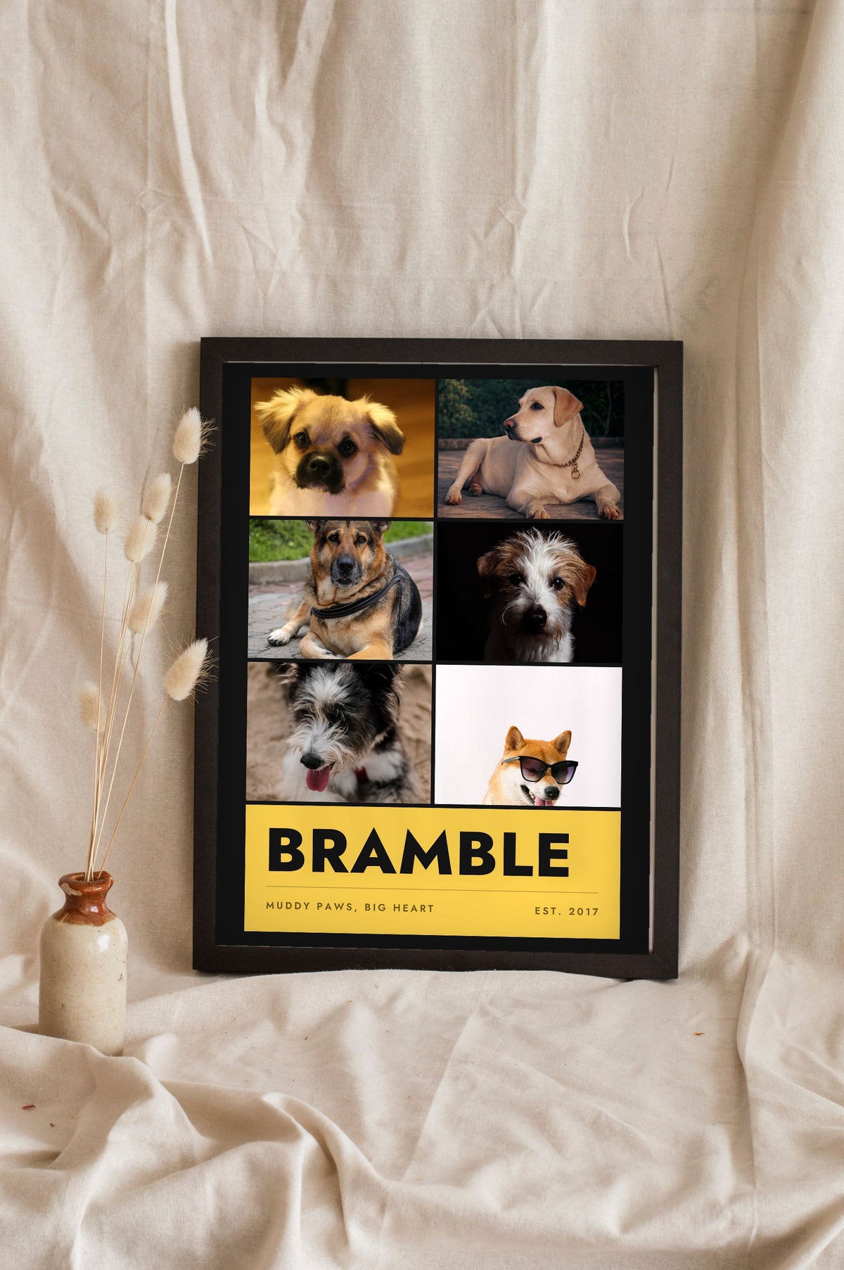 Personalised Dog Photo Collage Print with Name - leaning in a frame