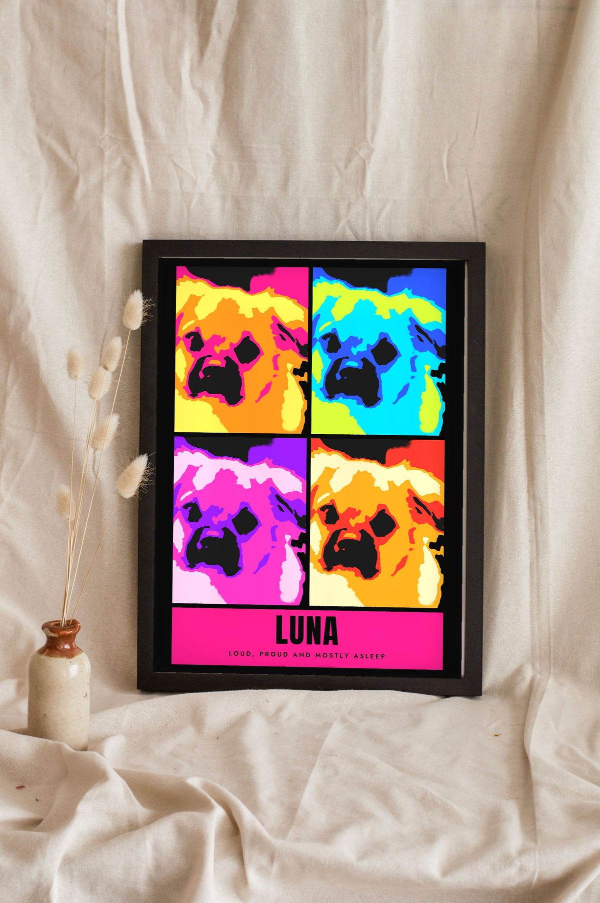Personalised Dog Pop Art Print - leaning in a frame