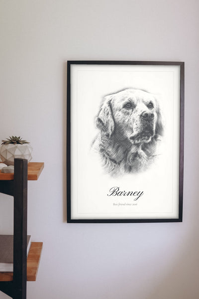 Personalised Dog Sketch Portrait Print - hanging on a living room wall