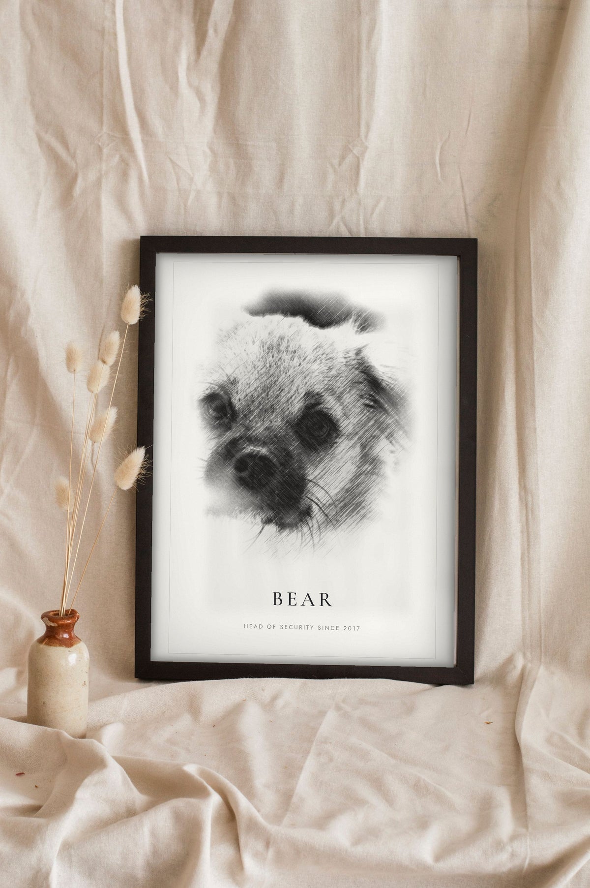Personalised Dog Sketch Portrait Print - leaning in a frame