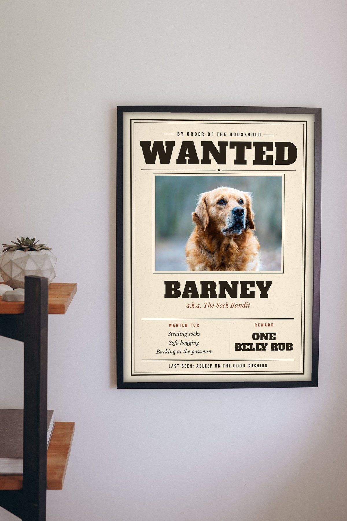 Personalised Dog Wanted Poster Print - hanging on a living room wall