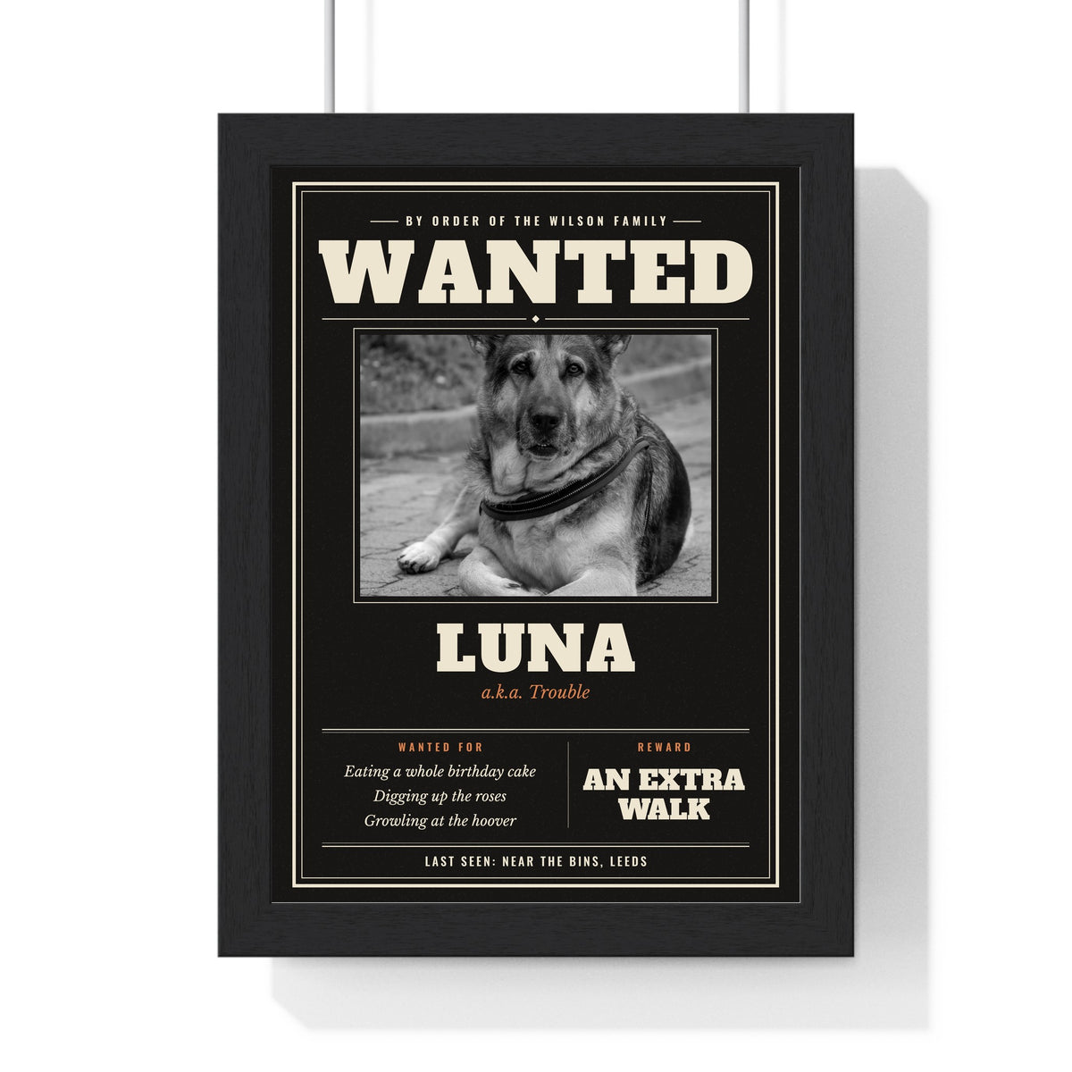 Personalised Dog Wanted Poster Print - dark colourway
