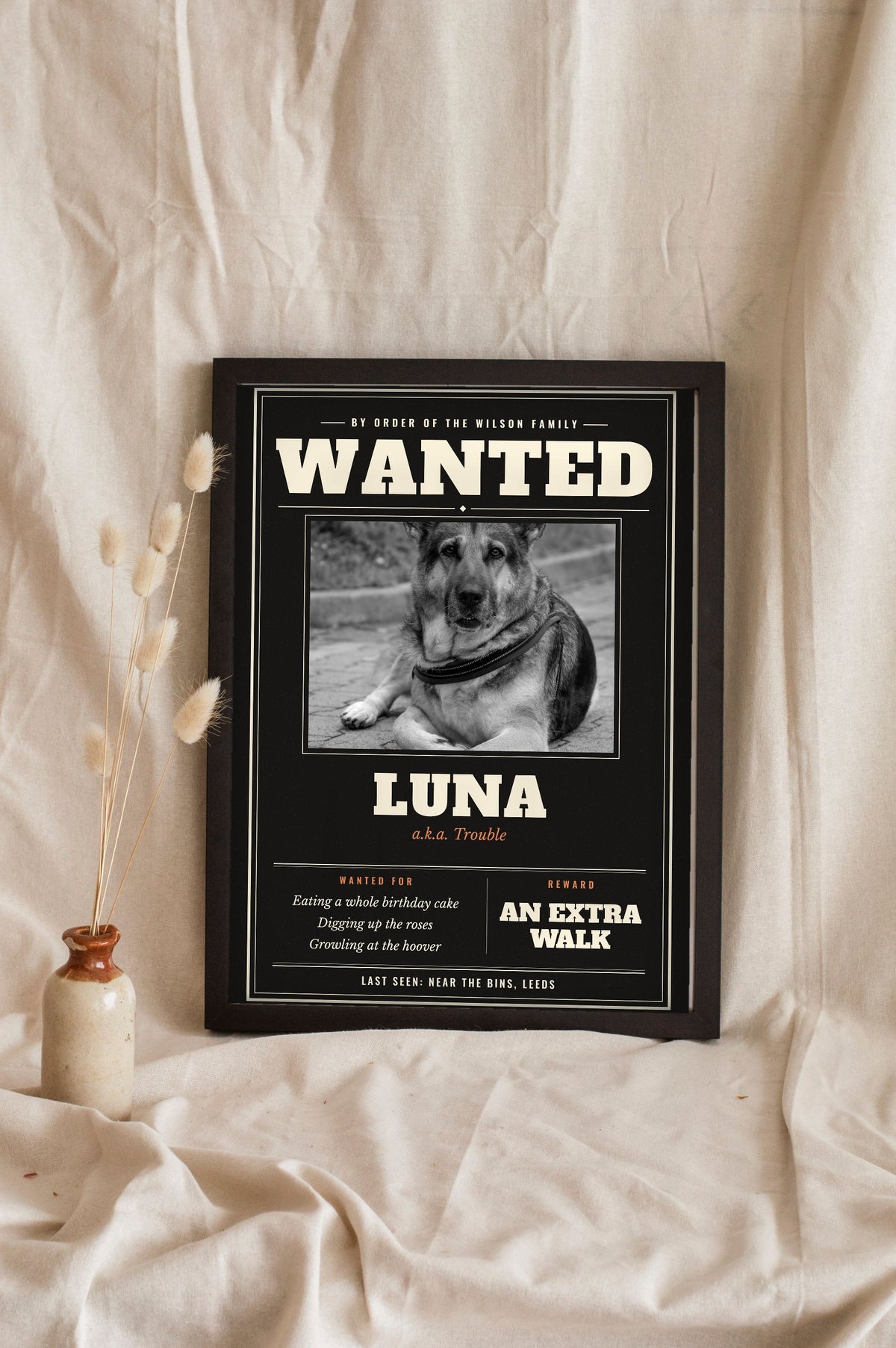 Personalised Dog Wanted Poster Print - leaning in a frame, dark colourway