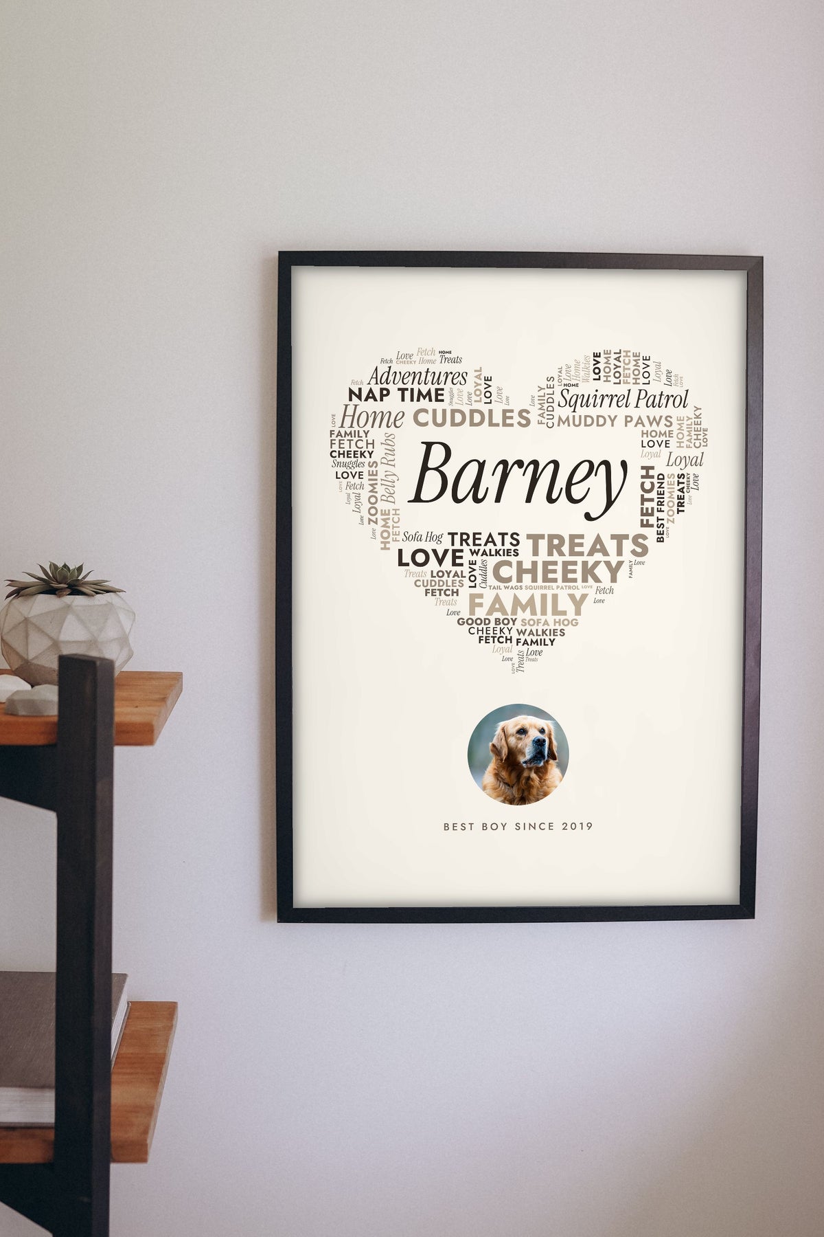 Personalised Dog Word Art Print - hanging on a living room wall