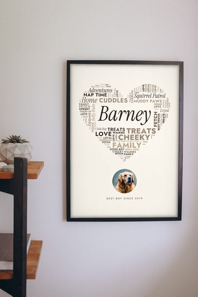 Personalised Dog Word Art Print - hanging on a living room wall